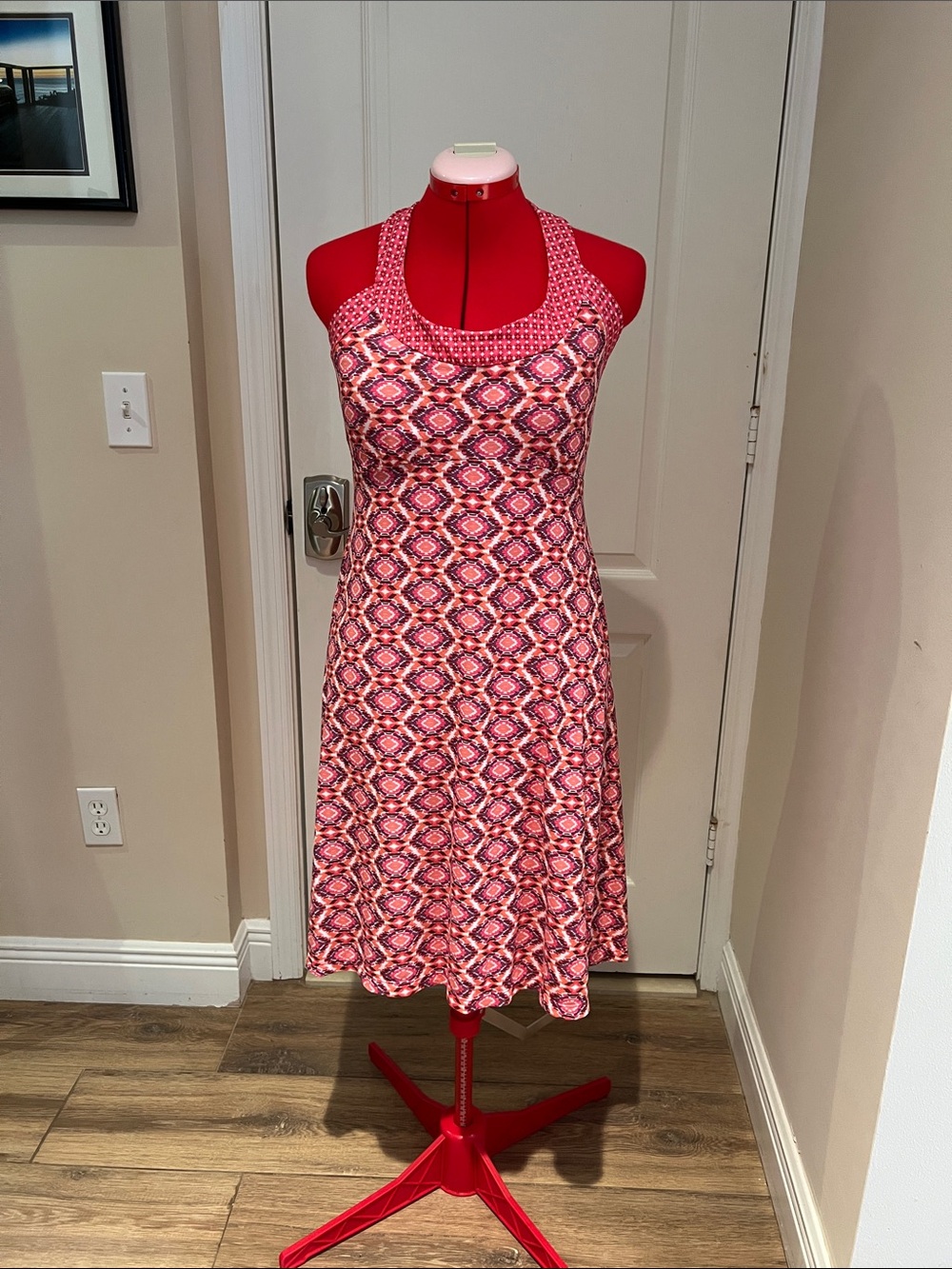 Prana Pink and Red Geometric Halter Midi Dress